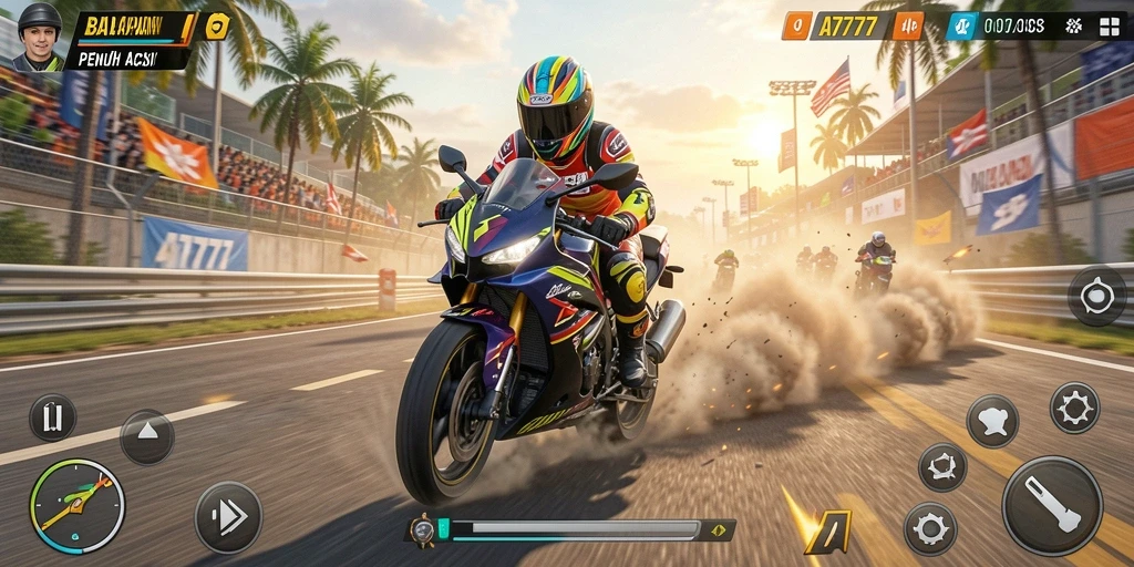 Tampilan menarik dari gameplay balapan motor di A7777.