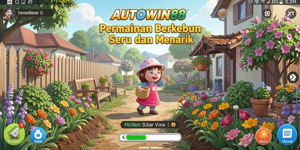 Tampilan gameplay AUTOWIN88 dengan ladang yang subur dan tanaman yang berwarna-warni.