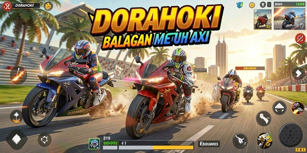 Tampilan gameplay seru dalam DORAHOKI saat balapan motor.