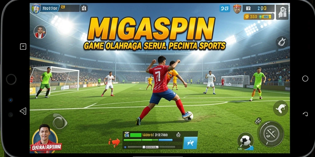 Screenshot utama MIGASPIN menampilkan aksi seru di lapangan olahraga.
