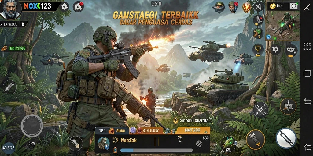 Screenshot utama NOX123 menunjukkan pertempuran dinamis antar kerajaan.